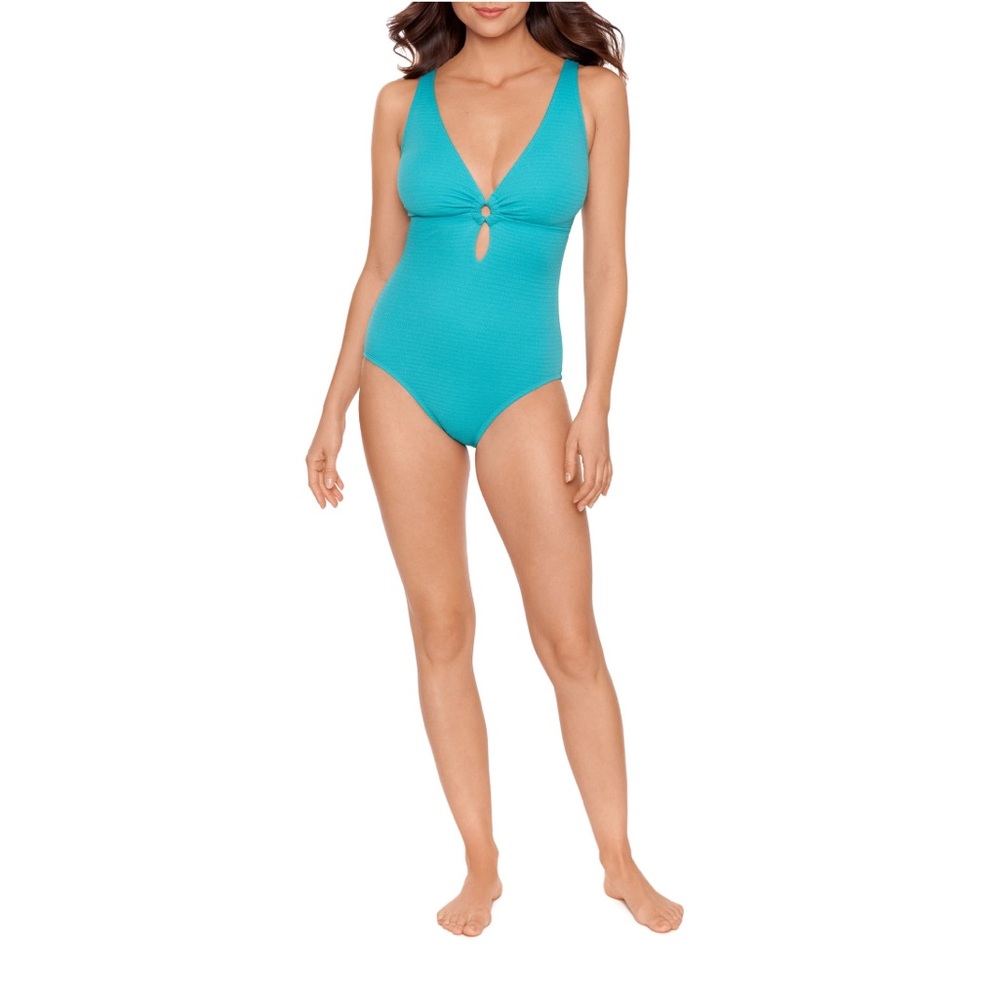 Time and Tru Womens Turquoise Cove Oval Texture One Piece Swimsuit - Picture 2 of 5